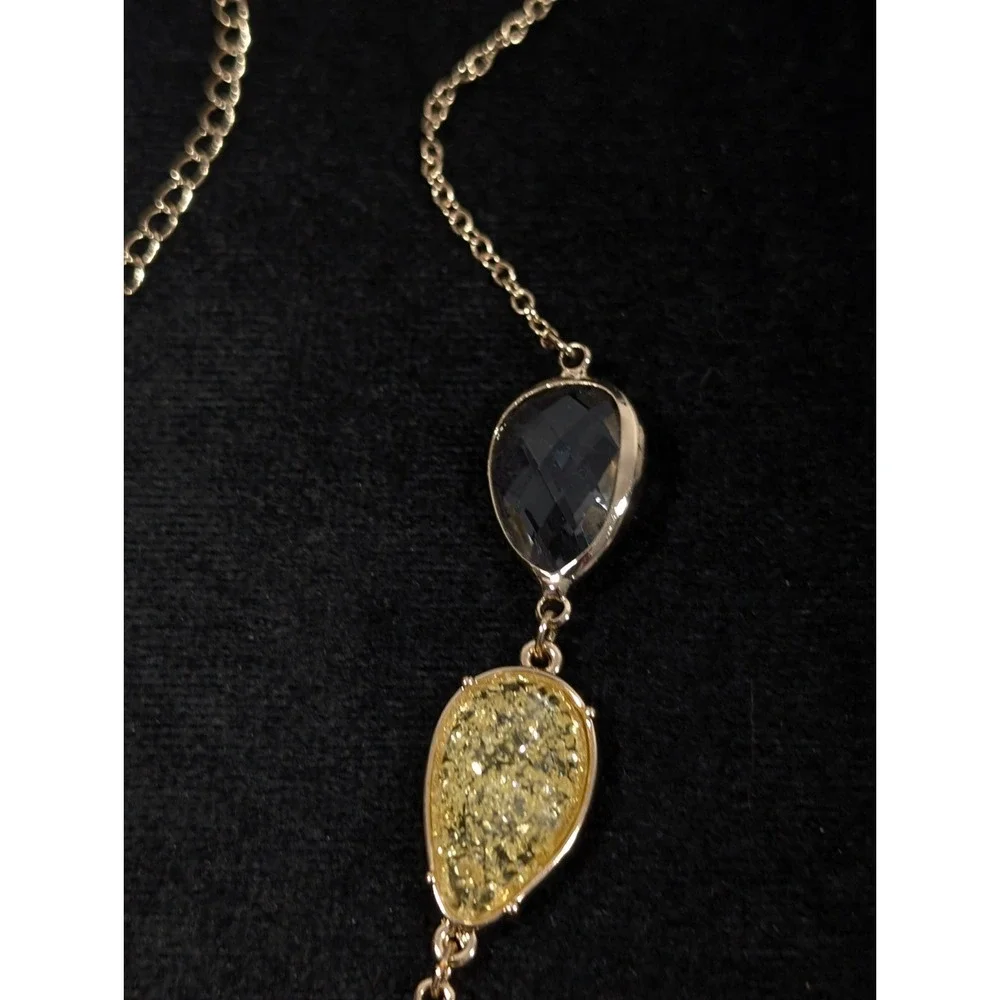 Boho Yellow Gold Tone Cabochon Beige Champagne Statement‎ Crystal Necklace 21 in